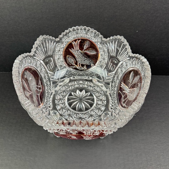 Hofbauer Byrdes The Ruby 8 1/4" Bird Console Footed Vase Bowl Crystal Servware - Picture 3 of 16